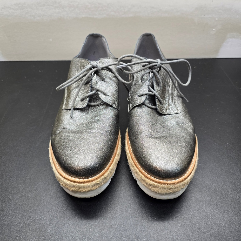 Eileen Fisher Metallic Pewter Leather Espadrille Platform Oxfords Womens Sz 10